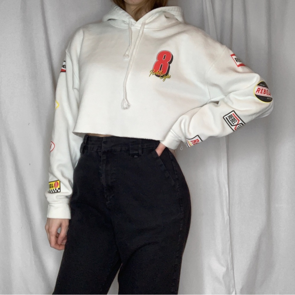 Rebel Eight Racing Cropped Graphic Hoodie